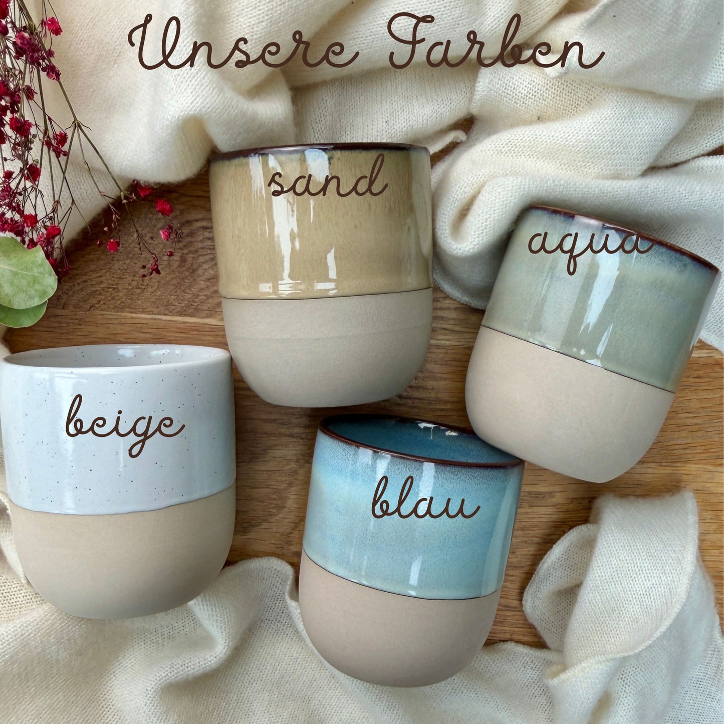 Personalized two-tone stoneware mugs in modern beige, sand, aqua, and blue. High-quality ceramic for your Trauzeugin.